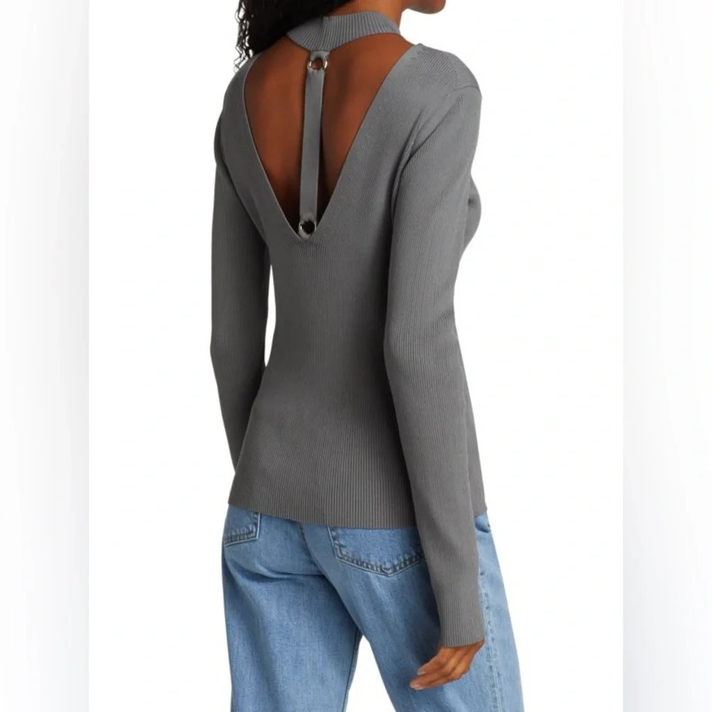 HELMUT LANG Ring Cutout Mockneck Pullover Top Gray Ling Sleeve Sweater